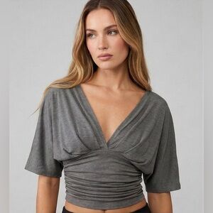 Grey Ruched Deep V-Neck Cropped Top with Dolman Sleeves